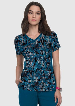 Koi LIte Raquel Women's Watercolor Snake Stretch Mock-Wrap Print Scrub Top