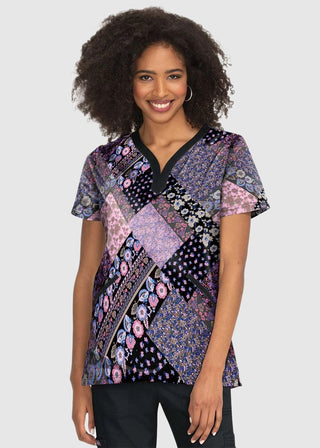 Koi Stretch Luisa Women's Meadow Patachwork Heart-Shaped Neck Print Scrub Top