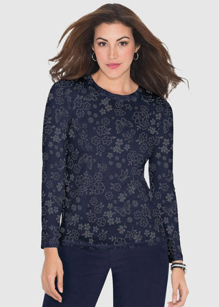 Koi Stretch Presley Women's Flower Burnout Navy  Long-Sleeve Floral Burnout Tee