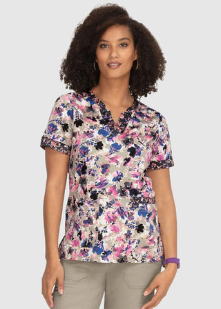 Koi Stretch Elena Women's Watercolor Petals Split-Neck Print Scrub Top