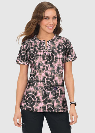 koi Stretch Naomi Women's Vintage Bullseye Split-Neck Print Scrub Top