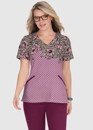 Koi Stretch Brianne Women's Antique Camellia Print Scrub Top