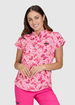 Koi Basics Ari Split Neck Print Top Women's Butterfly Hearts