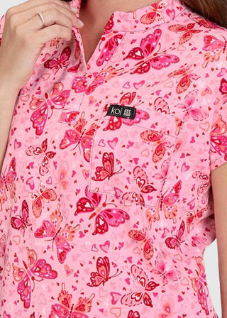 Koi Basics Ari Split Neck Print Top Women's Butterfly Hearts