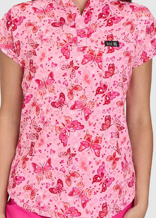 Koi Basics Ari Split Neck Print Top Women's Butterfly Hearts