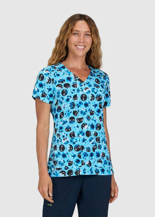 Koi Artists Series Rosalie Women's Blue Flower Cat Print Scrub Top