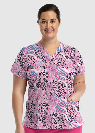 Maevn Prints Women's Curved V-Neck Safari in Pink Print Top