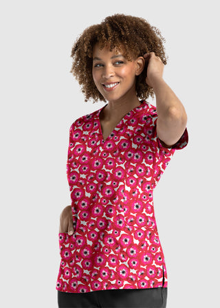 Maevn Prints Women's Curved V-Neck Pretty Poppies Print Top