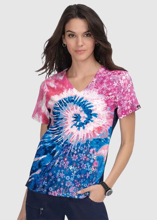 Koi Lite Reform Women's Groovy Floral Navy/Elec Blue/Coral Stretch Ombre Print Scrub Top