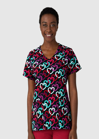 Wink Scrubs Women's Heart Links Black V-Neck Print Scrub Top