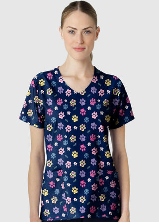 Wink Scrubs Women's Springtime Stroll Navy V-Neck Print Scrub Top
