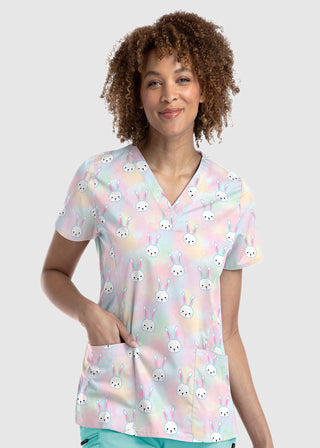 Maevn Women's Strectch V-Neck Print in Funny Bunnies Scrub Top