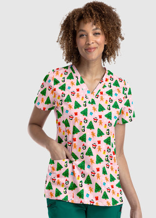 Maevn Women's Strectch V-Neck Print in Holiday Party Scrub Top
