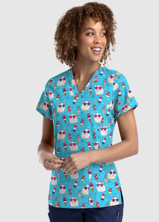 Maevn Women's Strectch V-Neck Print Keep Calm And Sparkle On Scrub Top