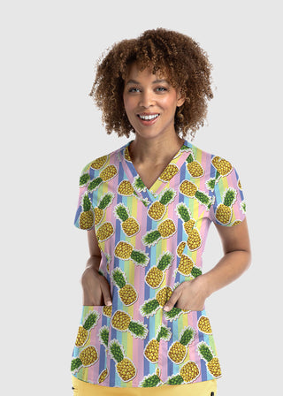 Maevn Women's Strectch V-Neck Print in Mad About Pineapples Scrub Top