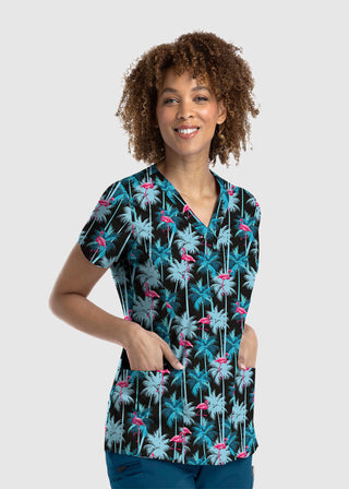 Maevn Women's Strectch V-Neck Print in Vacay Mode Scrub Top