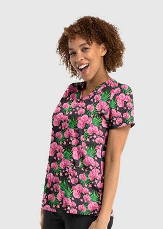 Maevn Women's Strectch V-Neck Print in Orchid Nights Scrub Top