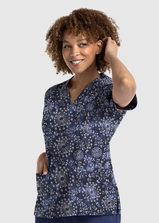 Maevn Women's Strectch V-Neck Print in Subtle Flower Scrub Top