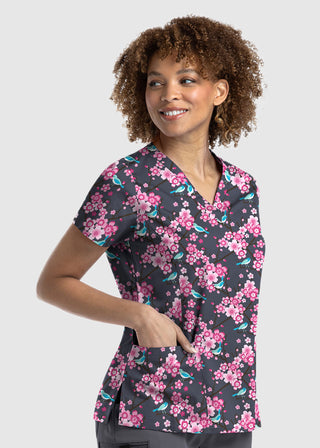 Maevn Women's Strectch V-Neck Print in Spring Blossom Scrub Top