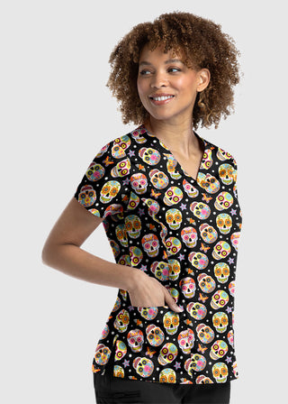 Maevn Sugar Skull Dreams Women's 3-Pocket STRETCH V-Neck Print Scrub Top