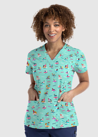 Maevn Women's Strectch V-Neck Print in Surf‘s Up Scrub Top
