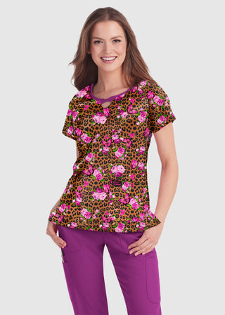 Koi Betsey Johnson Sunflower Women's Wildlife Bouquet Print Scrub Top