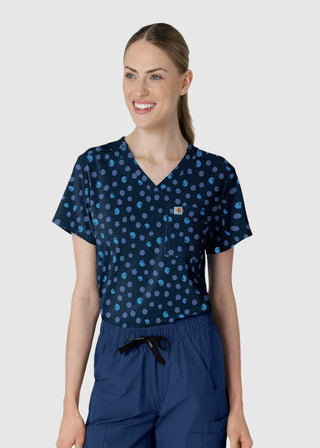 Carhartt Cross-Flex Women's Tuck In Lively Logo Dots Navy Print Scrub Top