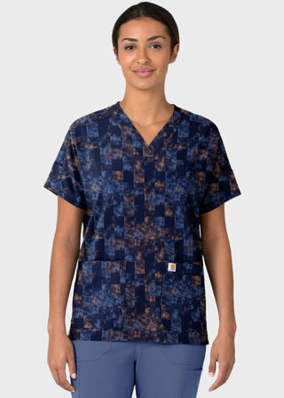 Carhartt Women's Oversized V-Neck Print Scrub Top in Charming Checks Navy