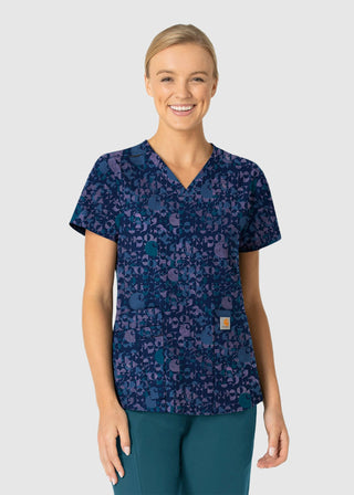 Carhartt Women's V-Neck Print Scrub Top in Geo Logo Navy