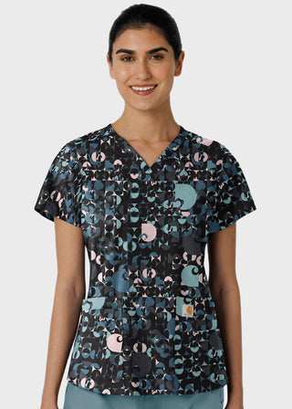 Wink Scrubs Carhartt Women's V-Neck Print Scrub Top in Geo Logo Black