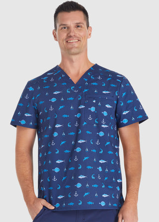 Cherokee Genuine Men's Gone Fishin Print Scrub Top