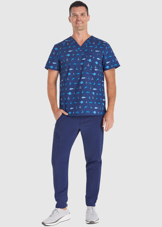 Cherokee Genuine Men's Gone Fishin Print Scrub Top