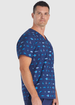 Cherokee Genuine Men's Gone Fishin Print Scrub Top