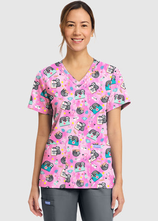 Cherokee Women's Nurse Sloth Print V-Neck Top