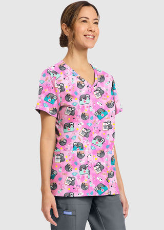 Cherokee Women's Nurse Sloth Print V-Neck Top
