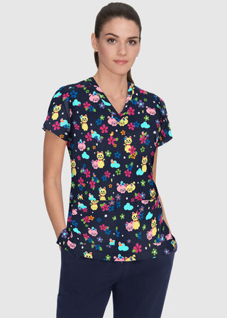 Koi French Bull by koi Lulu Women's Kitty Cloud Print Scrub Top