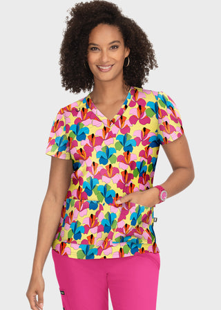 Koi French Bull by koi Lulu Women's Gerbera's Daisy Print Scrub Top
