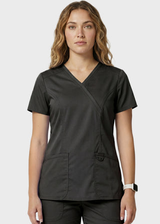 HeedFit Women's Shaped 3-Pocket Mock Wrap Scrub Top