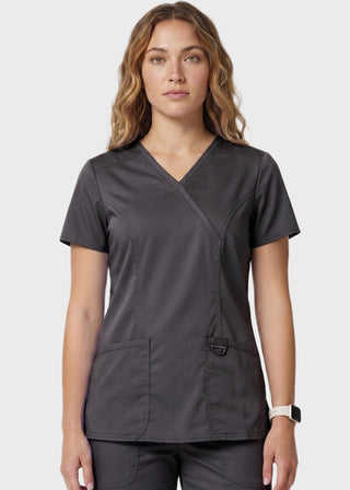 HeedFit Women's Shaped 3-Pocket Mock Wrap Scrub Top