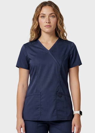 HeedFit Women's Shaped 3-Pocket Mock Wrap Scrub Top