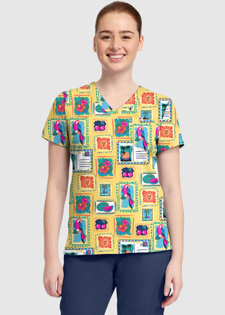 Med Couture Women's Vacation Post Card Print V-Neck Top