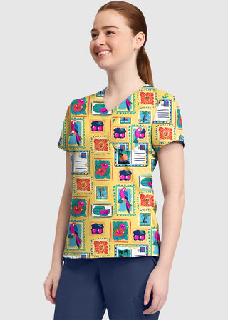 Med Couture Women's Vacation Post Card Print V-Neck Top