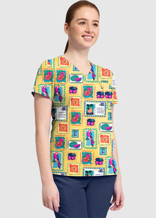 Med Couture Women's Vacation Post Card Print V-Neck Top