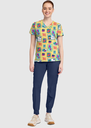 Med Couture Women's Vacation Post Card Print V-Neck Top