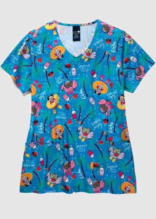 Zoe + Chloe Performance Women's V-Neck Print Scrub Top In PLAYCATION