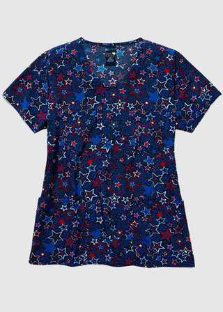 Zoe + Chloe Performance Women's V-Neck Print Scrub Top In RED WHITE & BLOOM