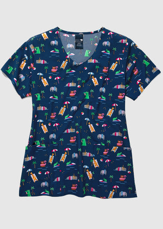 Zoe + Chloe Performance Women's V-Neck Print Scrub Top In SAFARI SPLASH
