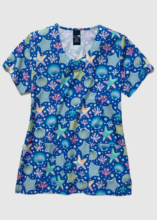 Zoe + Chloe Performance Women's V-Neck Print Scrub Top In STARFISH WISH