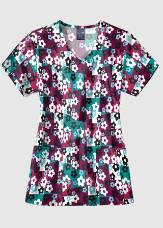 Zoe+Chloe Women's  Performance V-Neck Print Scrub Top in Skater Check Wine