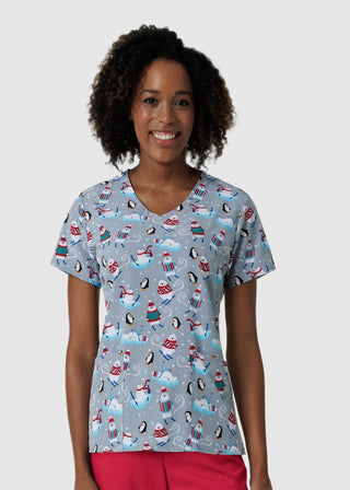 Zoe+Chloe Women's  Performance V-Neck Print Scrub Top in Tis The Skison